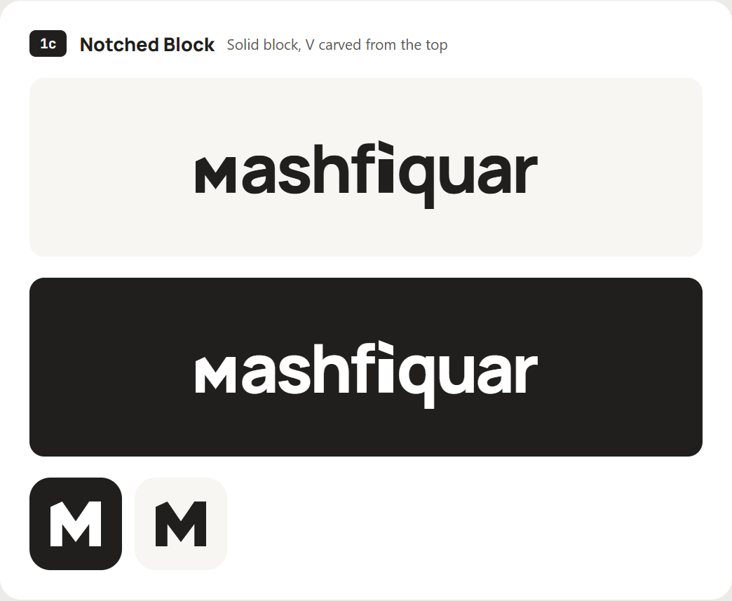 Logo exploration 1c, Notched Block: a solid block M with a V carved from the top