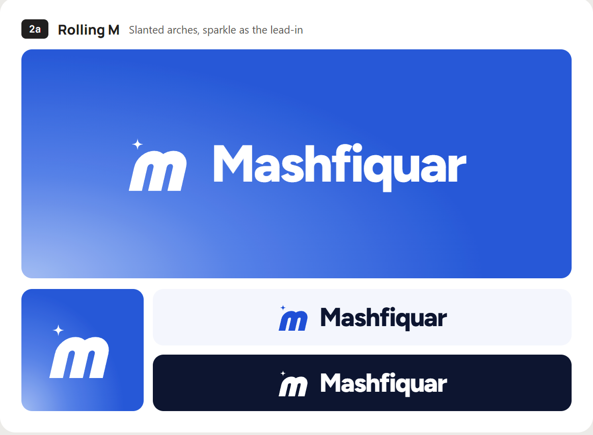 Logo exploration 2a, Rolling M: slanted arches with a sparkle as the lead-in, on a blue gradient