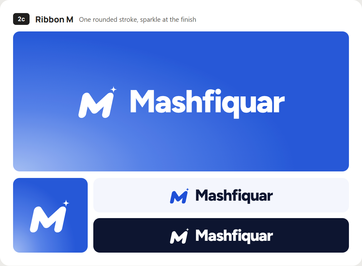 Logo exploration 2c, Ribbon M: one rounded stroke with a sparkle at the finish