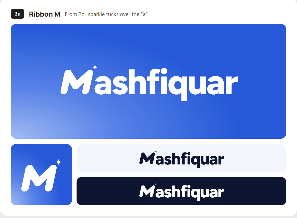 Logo exploration 3a: the Ribbon M becomes the M of Mashfiquar, with the sparkle tucked over the a