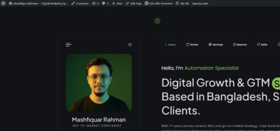 My first professional portfolio website, built on the RyansCV WordPress theme with a dark background and neon green accents