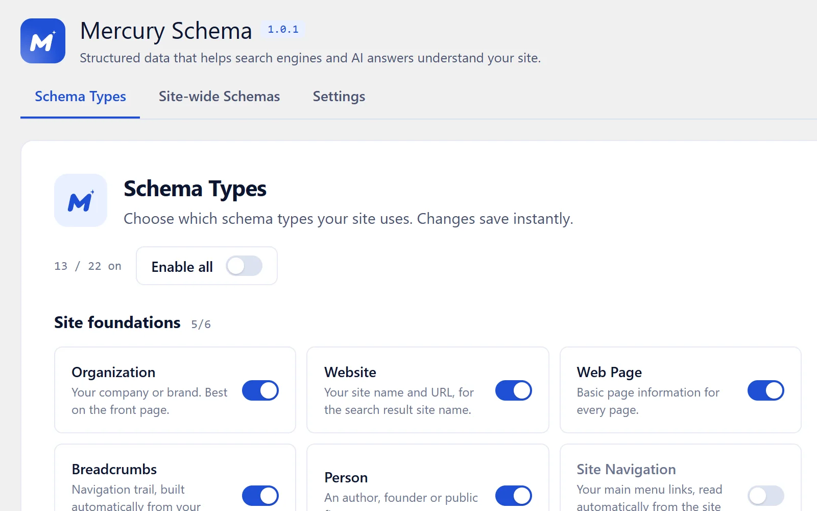 Mercury Schema settings with schema types switched on